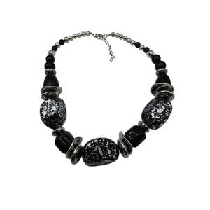 Silvertone Splatter Black Bead Necklace Max Length 18"